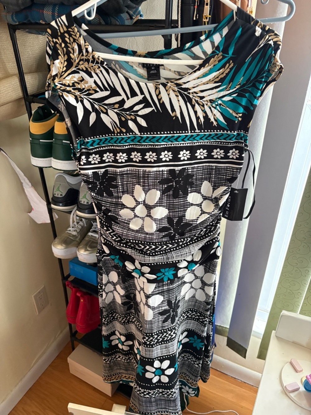 Xhilaration Black Floral Midi Dress with Teal and Cream Accents